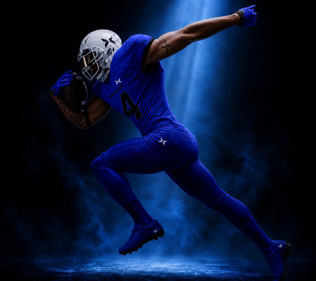 Football player in a blue BRAVO uniform running under dramatic blue studio light