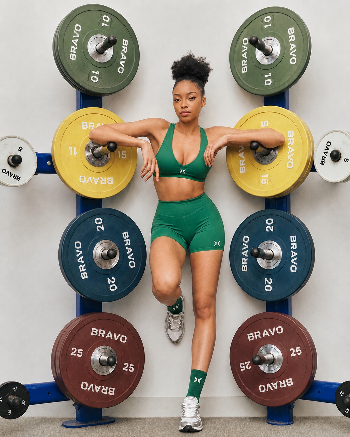 Woman in a green BRAVO sports bra and shorts posing against a wall of weight plates