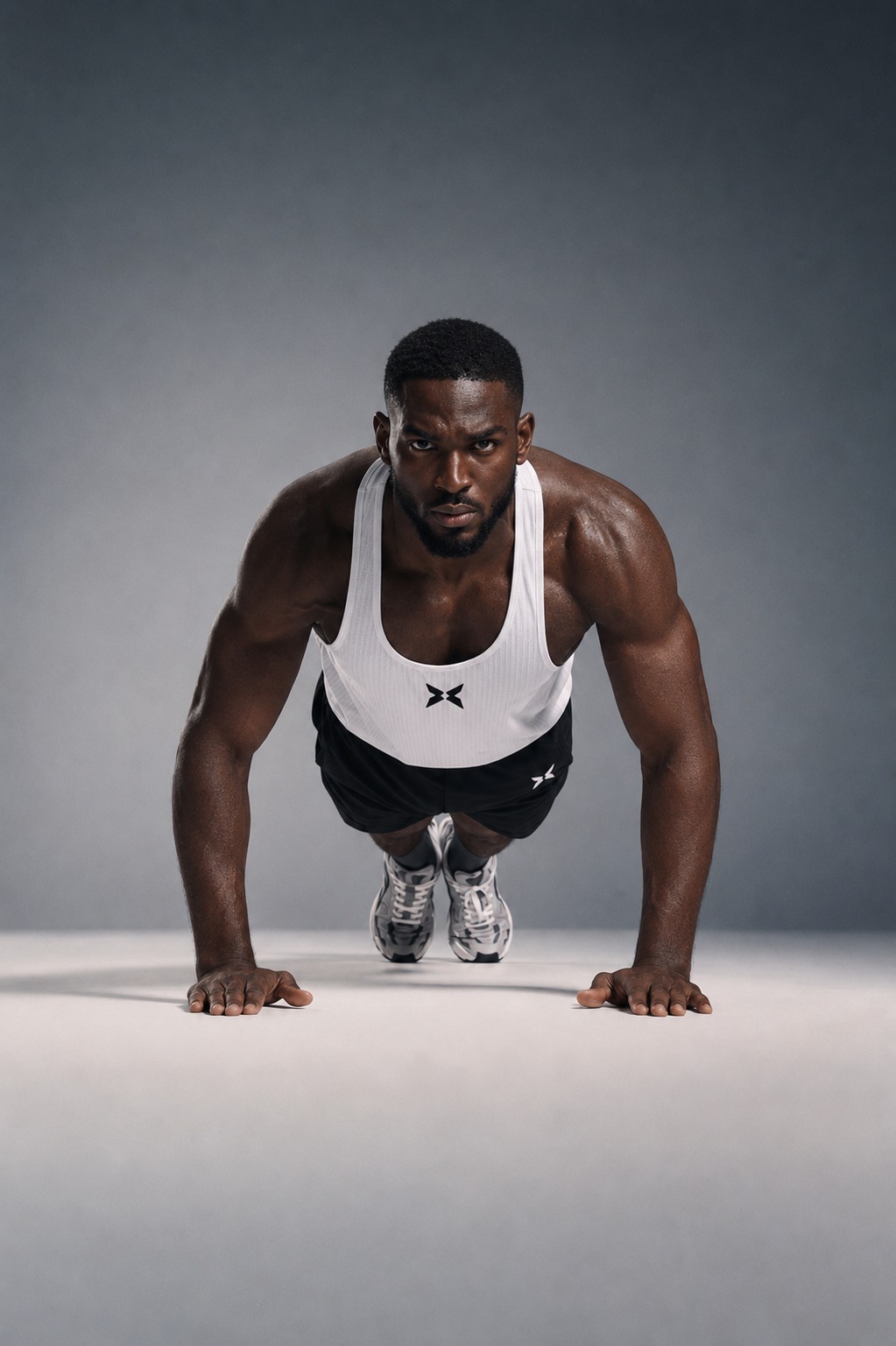 Man performing a push-up wearing a white BRAVO racerback tank and black shorts